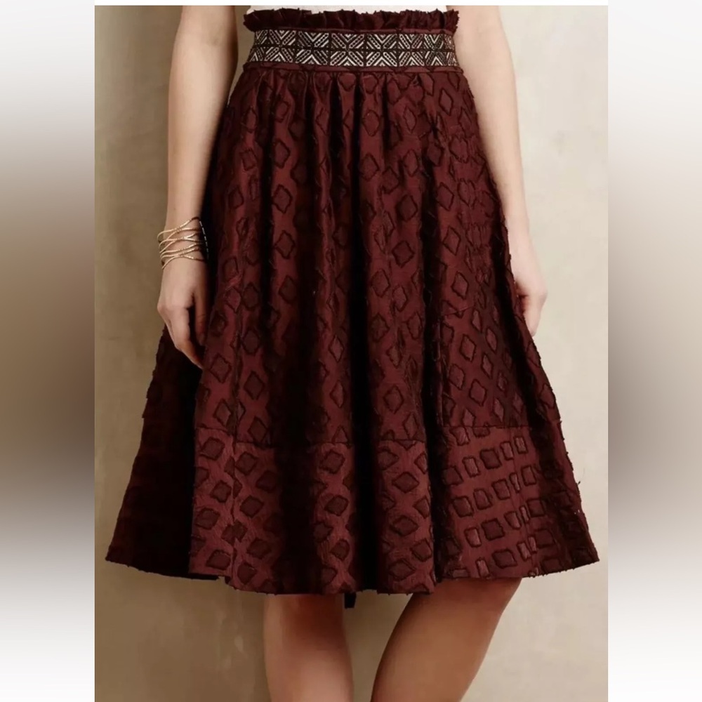 NWOT Anthropologie Diamond Cut Print Skirt Maeve sz 4 $148 Burgundy Embroidered